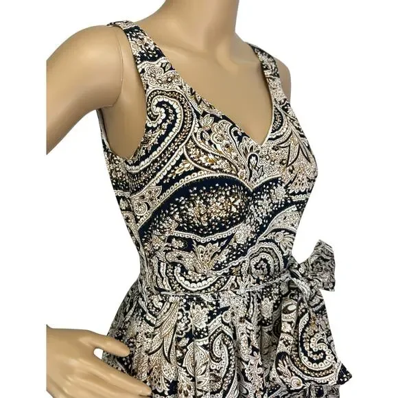 J. Crew Paisley Cotton Side Tie Dress Tan Navy Sleeveless 68682 Size 0 - Picture 10 of 12
